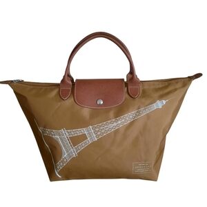 LONGCHAMP Limited Edition Eiffel Tower Le Pliage Nylon Tote Bag Dark Tan Sz M